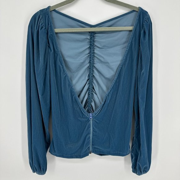 Tyler McGillivary Velvet Wave Blouse Top S Ruched Long Sleeves Backless Blue - Picture 4 of 10